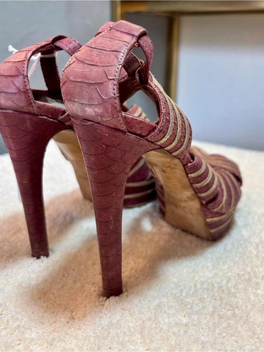 Dior Burgundy with Gold Trim Platform Strappy Heels - Picture 8 of 8